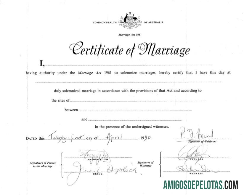 Certidão de casamento do registrador de casamento na Austrália amostra